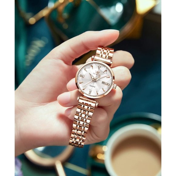 Women White Dial Rose Gold Stainless Steel Band Waterproof Watch